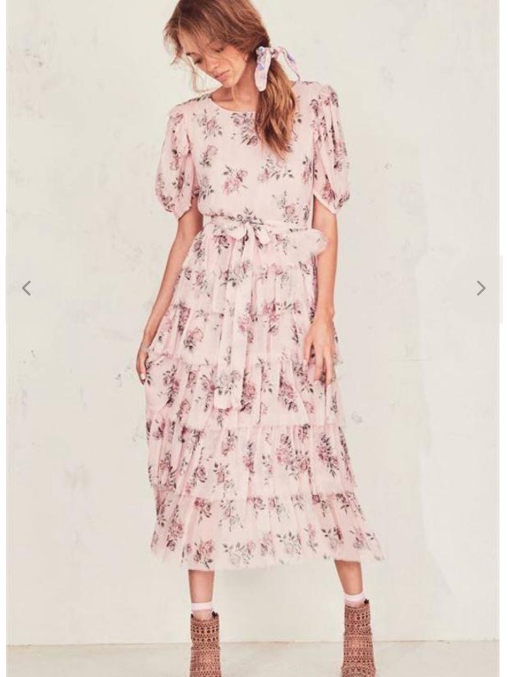 LoveShackFancy Pink Floral Tiered Midi Dress